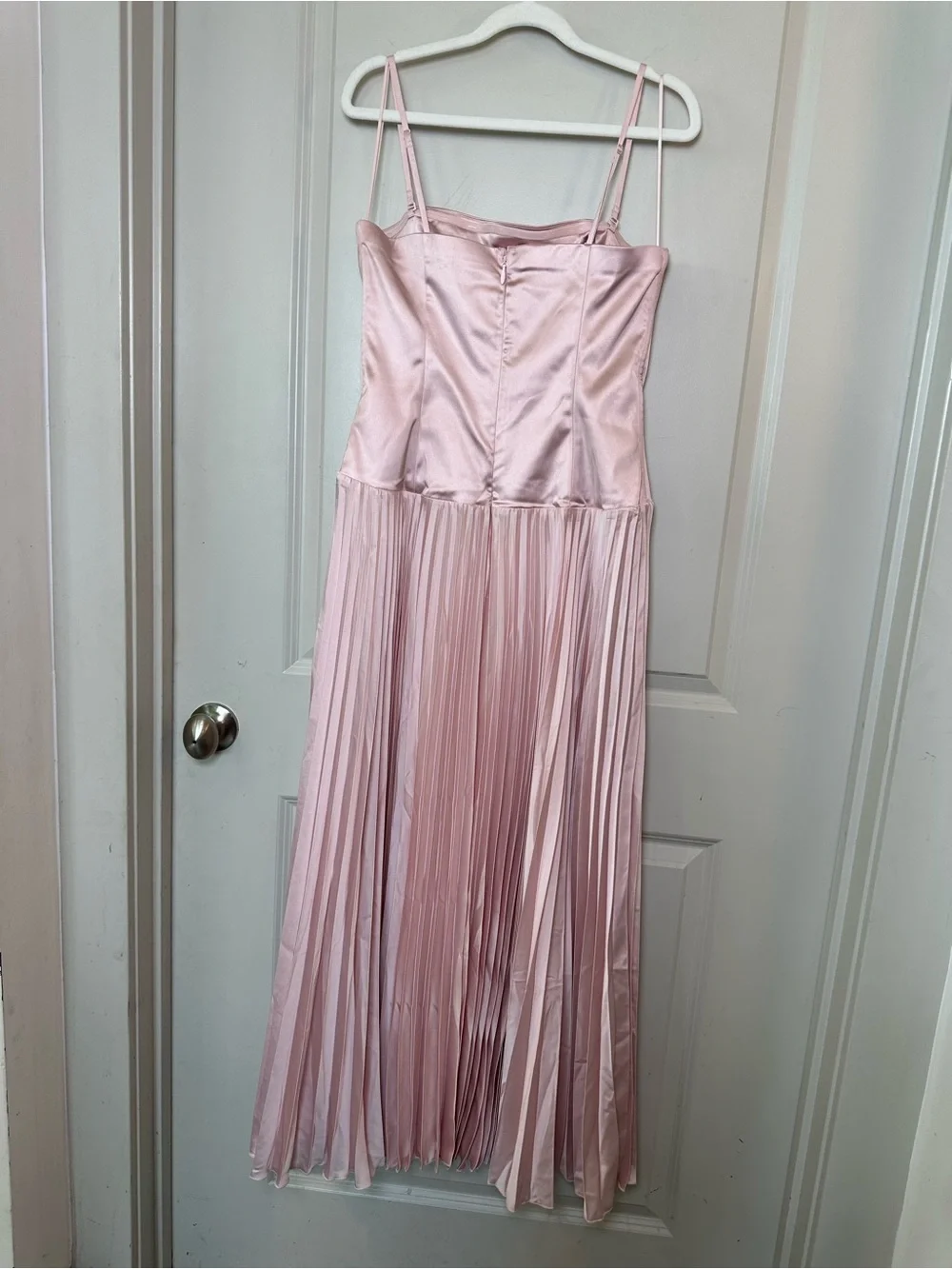 A&F Giselle Drop Waist Satin Accordion Skirt Baby Pink Strapless Maxi Dress, L